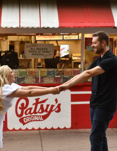 engagement photos in front of Patsy's.